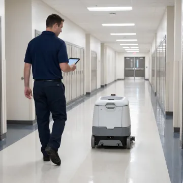 Technician demonstrating a campus cleaning robot