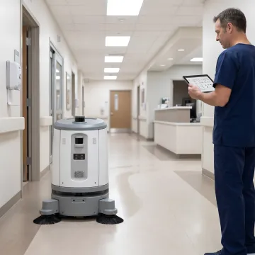 Autonomous cleaning robot in hospital corridor