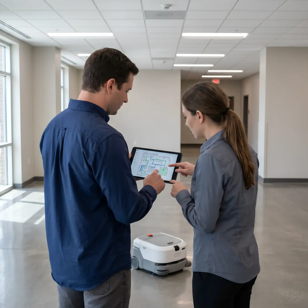 Technician demonstrating autonomous floor cleaning robot