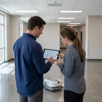 Technician demonstrating autonomous floor cleaning robot