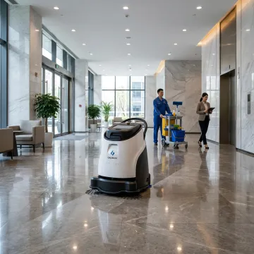 Autonomous commercial floor cleaning robot in a facility lobby