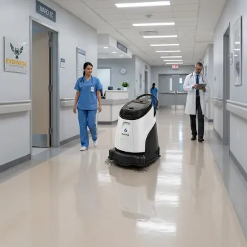 Autonomous cleaning robot in a hospital corridor