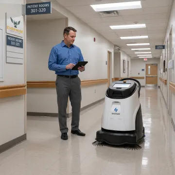 Healthcare facility manager evaluating autonomous cleaning robot