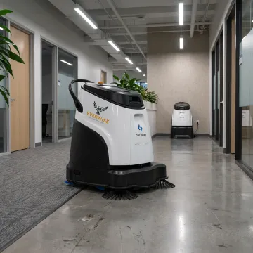 Commercial robotic vacuum cleaning an office corridor