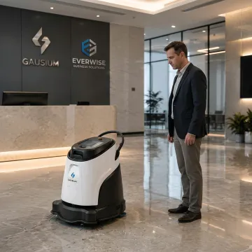 Facility manager reviewing a Gausium cleaning robot
