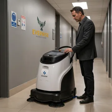 Facility manager reviewing an autonomous floor cleaner