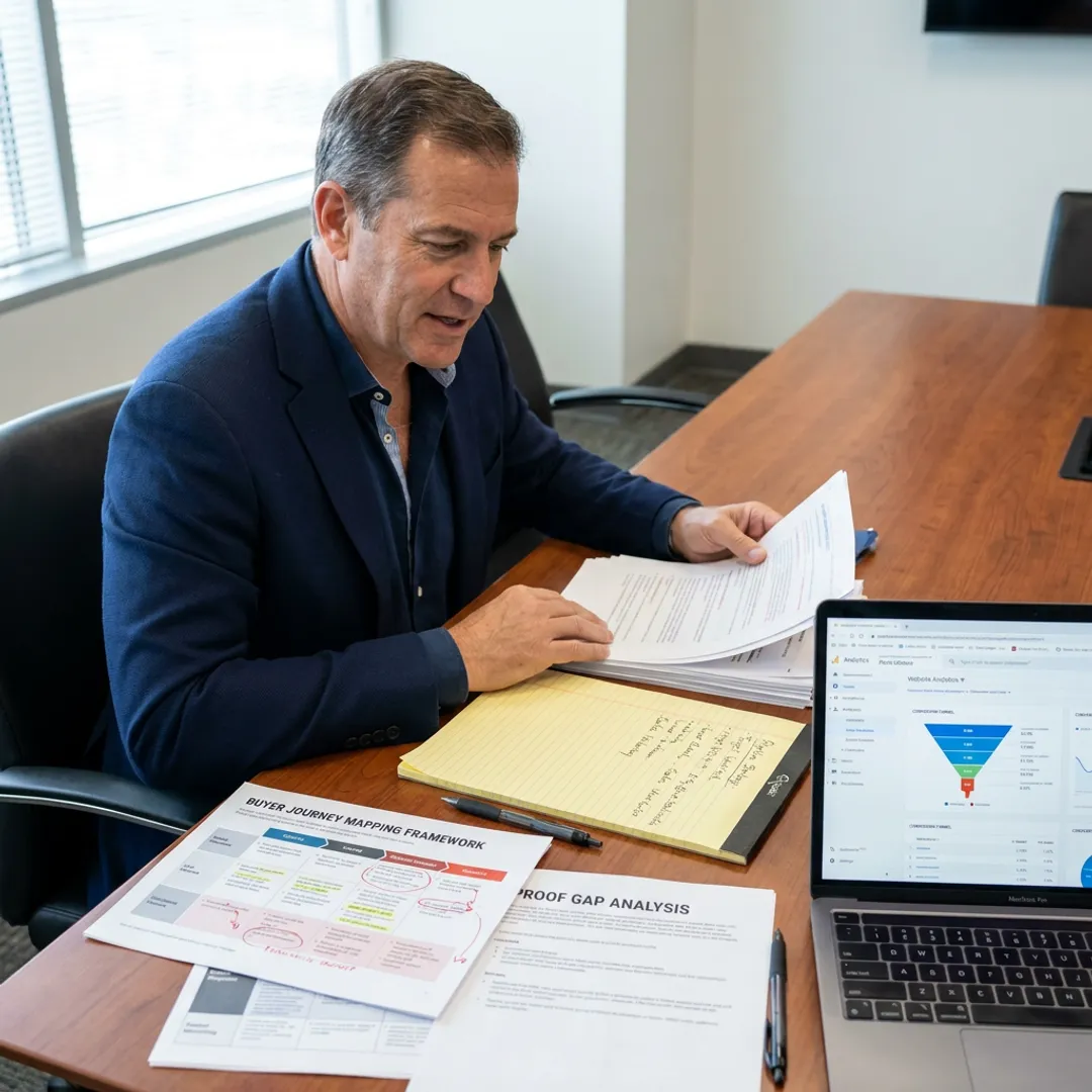 Consultant reviewing conversion strategy and buyer proof gaps