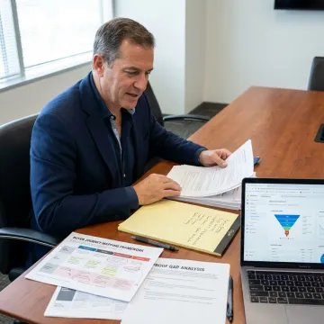 Consultant reviewing conversion strategy and buyer proof gaps