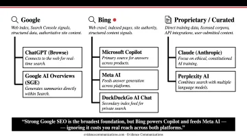 Six major AI search platforms and their content sourcing methods comparison chart