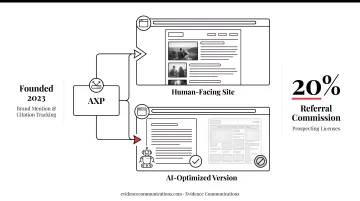 AI crawler content delivery flow showing AXP optimized site routing versus standard crawl