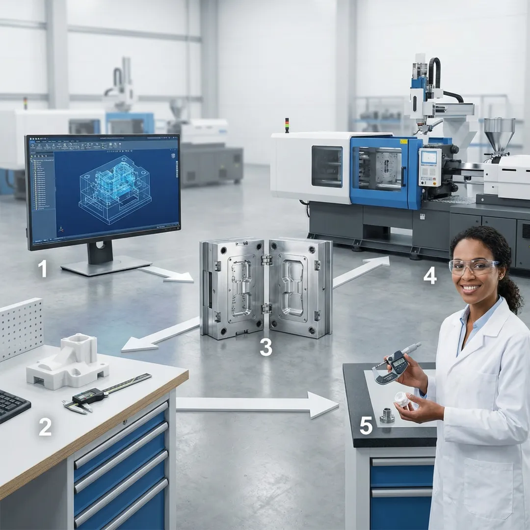 Injection molding development process showing design review, prototyping, and production stages