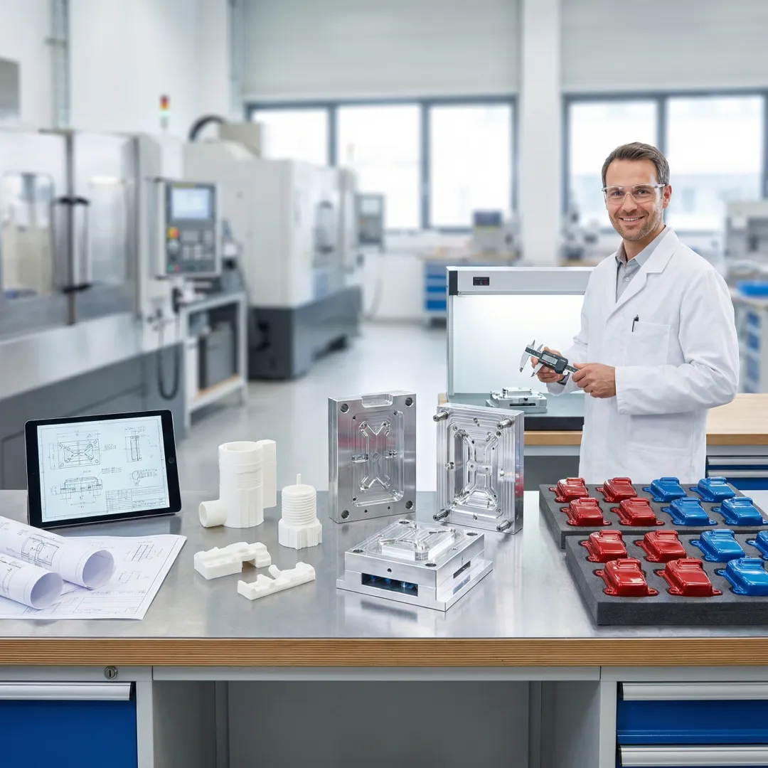 Product development pipeline showing progression from design concept to finished manufactured parts