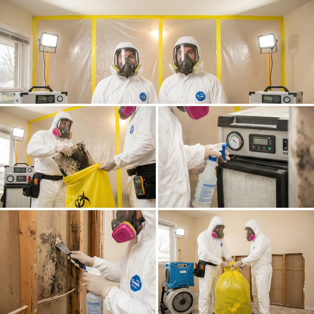 Professional mold remediation process showing containment and removal
