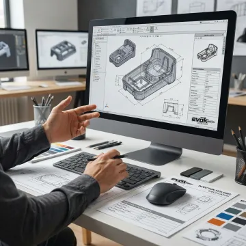 Industrial designer reviewing 3D CAD models and technical specifications for injection molding