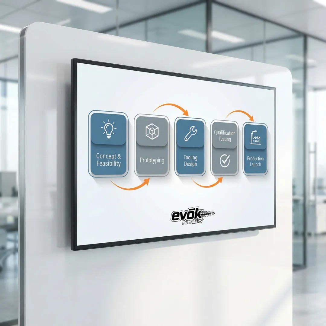 Five-stage product development process diagram showing progression from concept to production