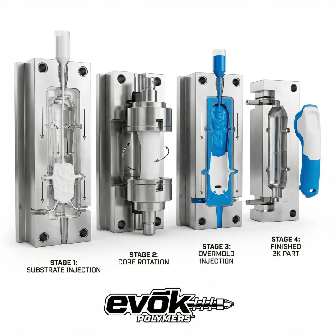 Two-shot injection molding process showing dual material integration