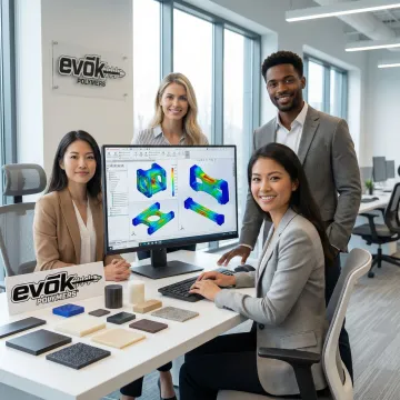 Engineering team collaborating on materials science project with CAD models