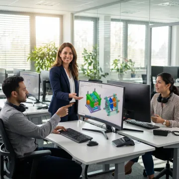 Engineering team collaborating on injection mold design with CAD software