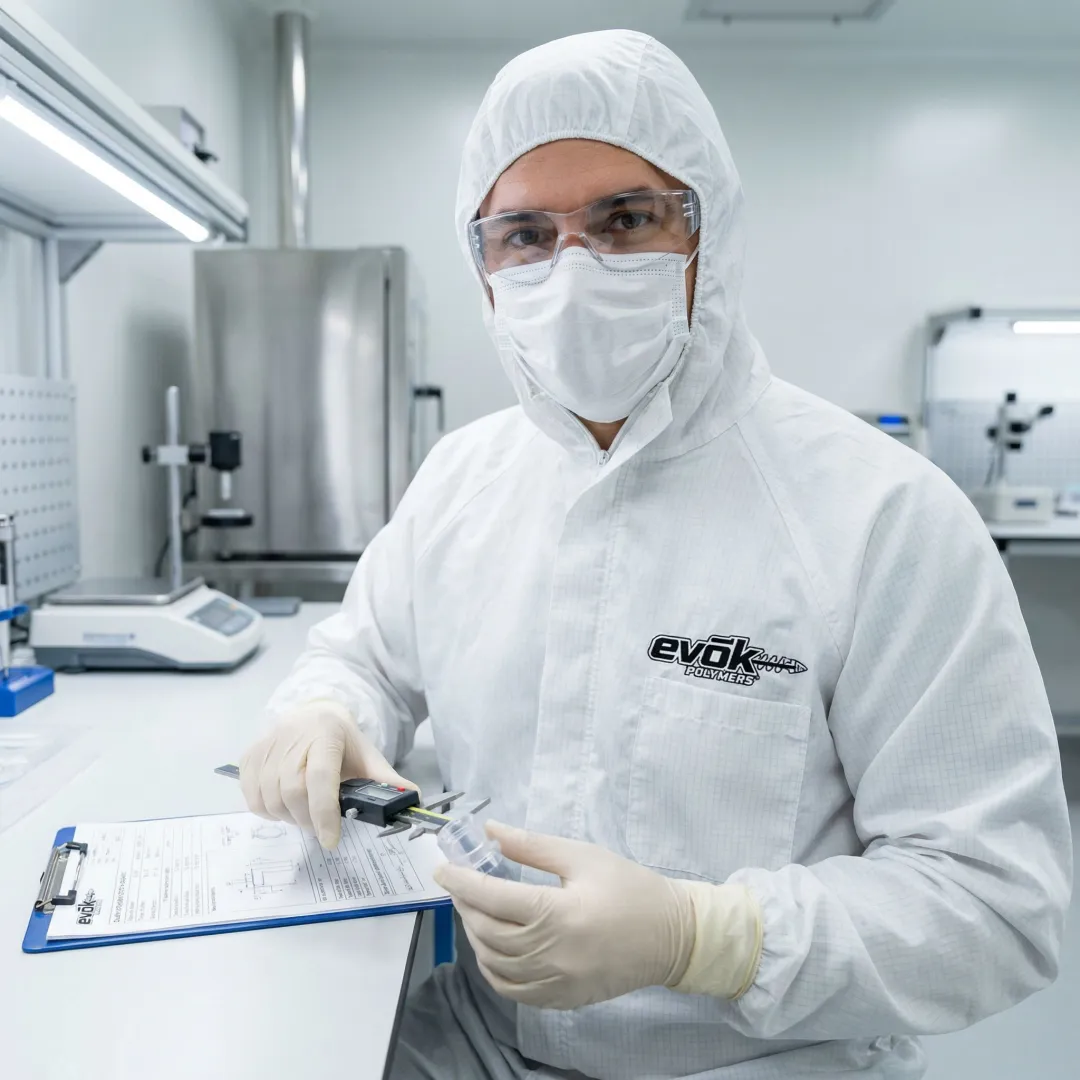 Medical device engineer reviewing injection molded healthcare component specifications