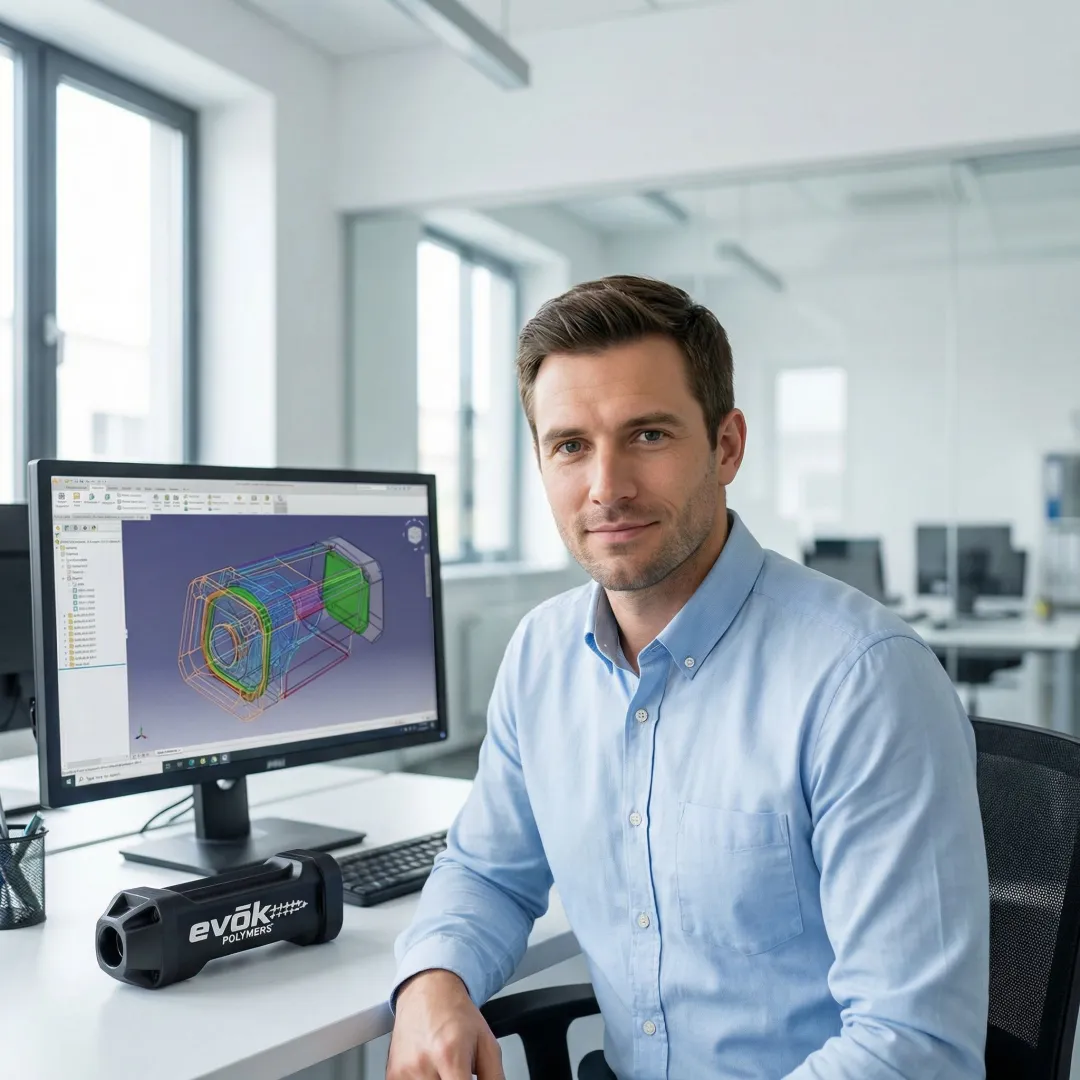 Engineer reviewing 3D CAD model and physical prototype sample side by side
