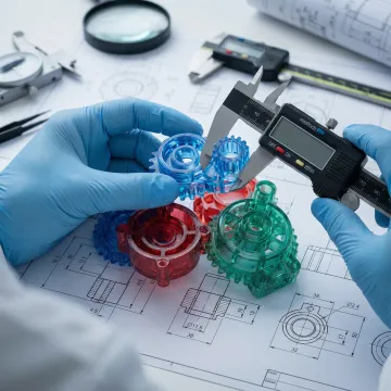 Engineer examining detailed injection molded prototype part with precision instruments