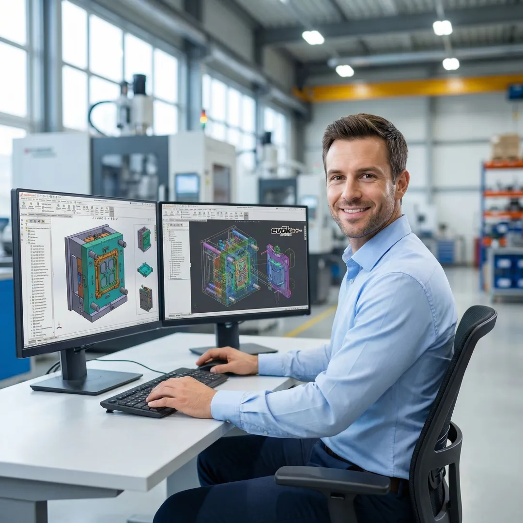Engineer reviewing CAD models and injection mold designs on computer