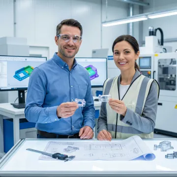 Engineering team reviewing precision injection molded plastic components with CAD design files