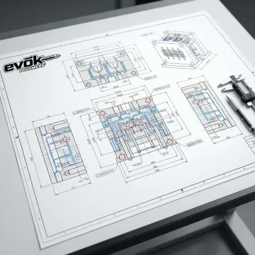 Detailed injection mold engineering technical drawing with dimensional callouts and tolerances