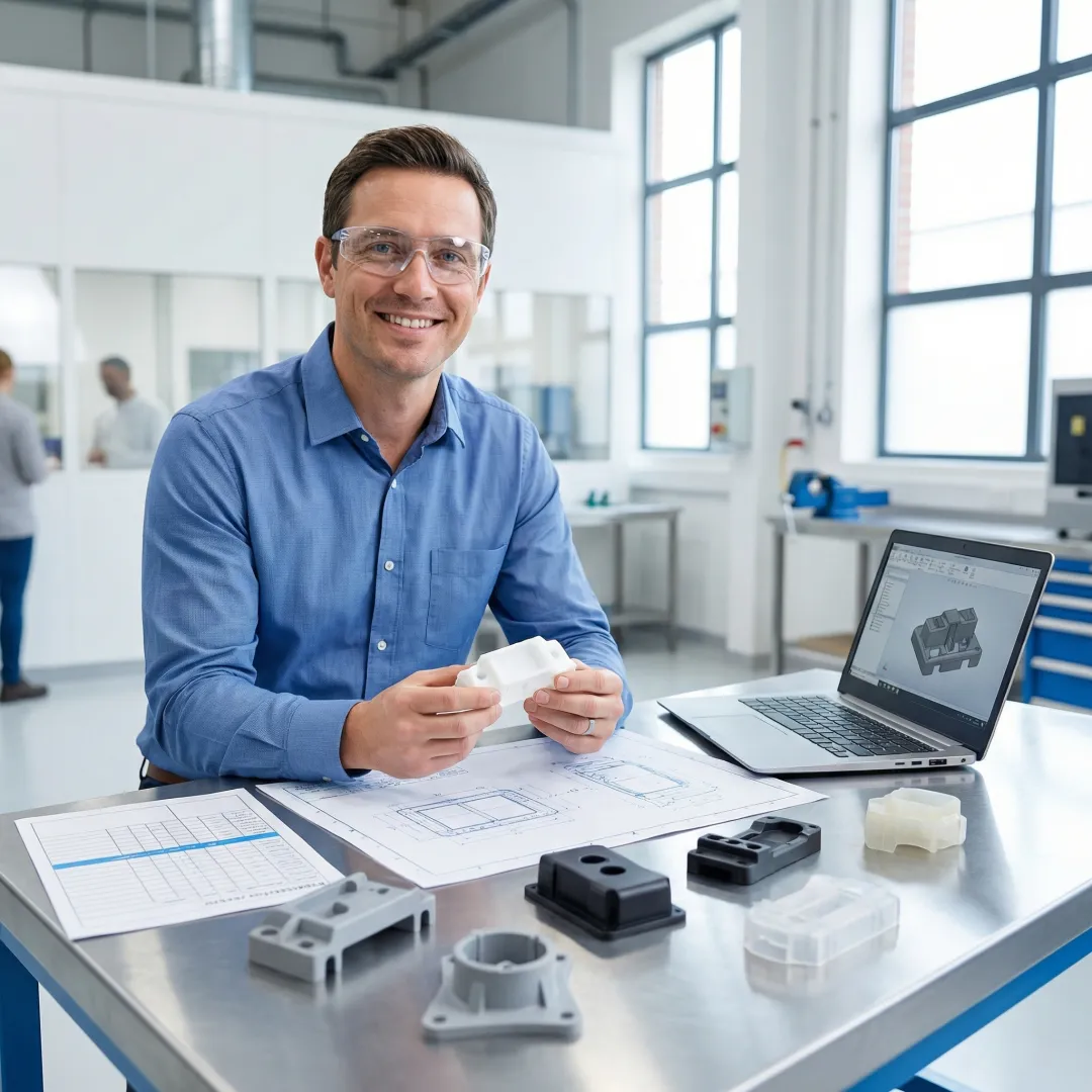 Engineer reviewing prototype parts and technical drawings during product development process