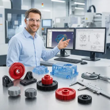 Precision injection molded plastic components with engineer reviewing CAD designs