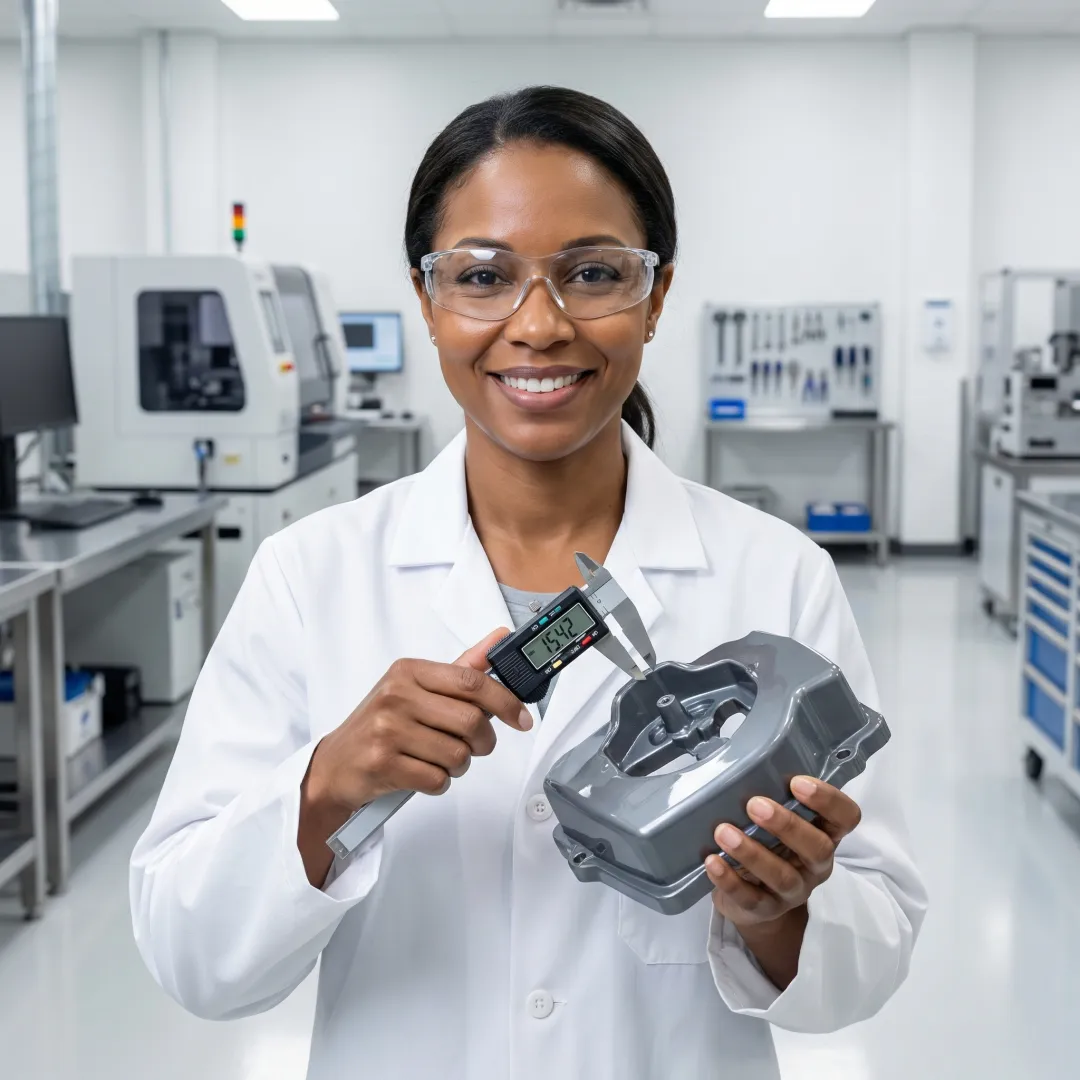 Engineer examining precision injection molded plastic component with calipers