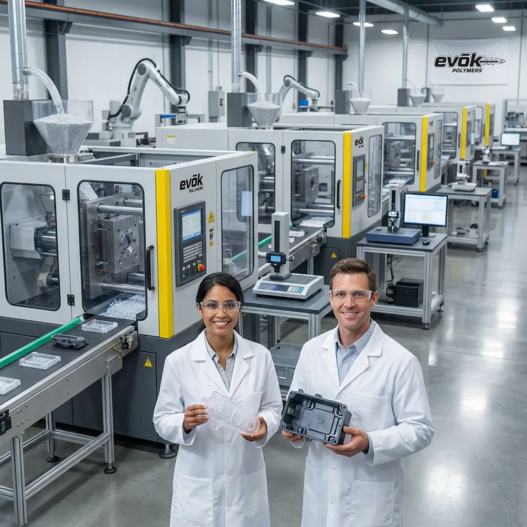 Modern injection molding facility with advanced machinery producing precision plastic components