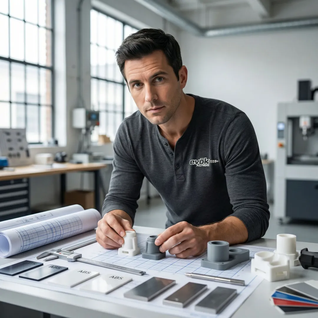 Engineer reviewing low volume injection molded parts with startup founder
