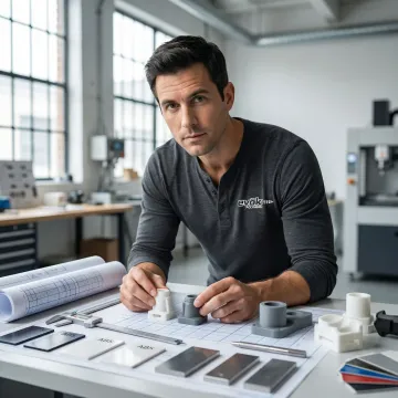 Engineer reviewing low volume injection molded parts with startup founder