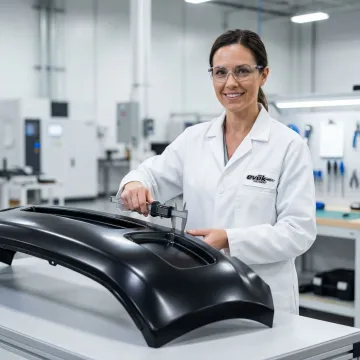 Engineer examining large polyurethane RIM molded part with technical specifications