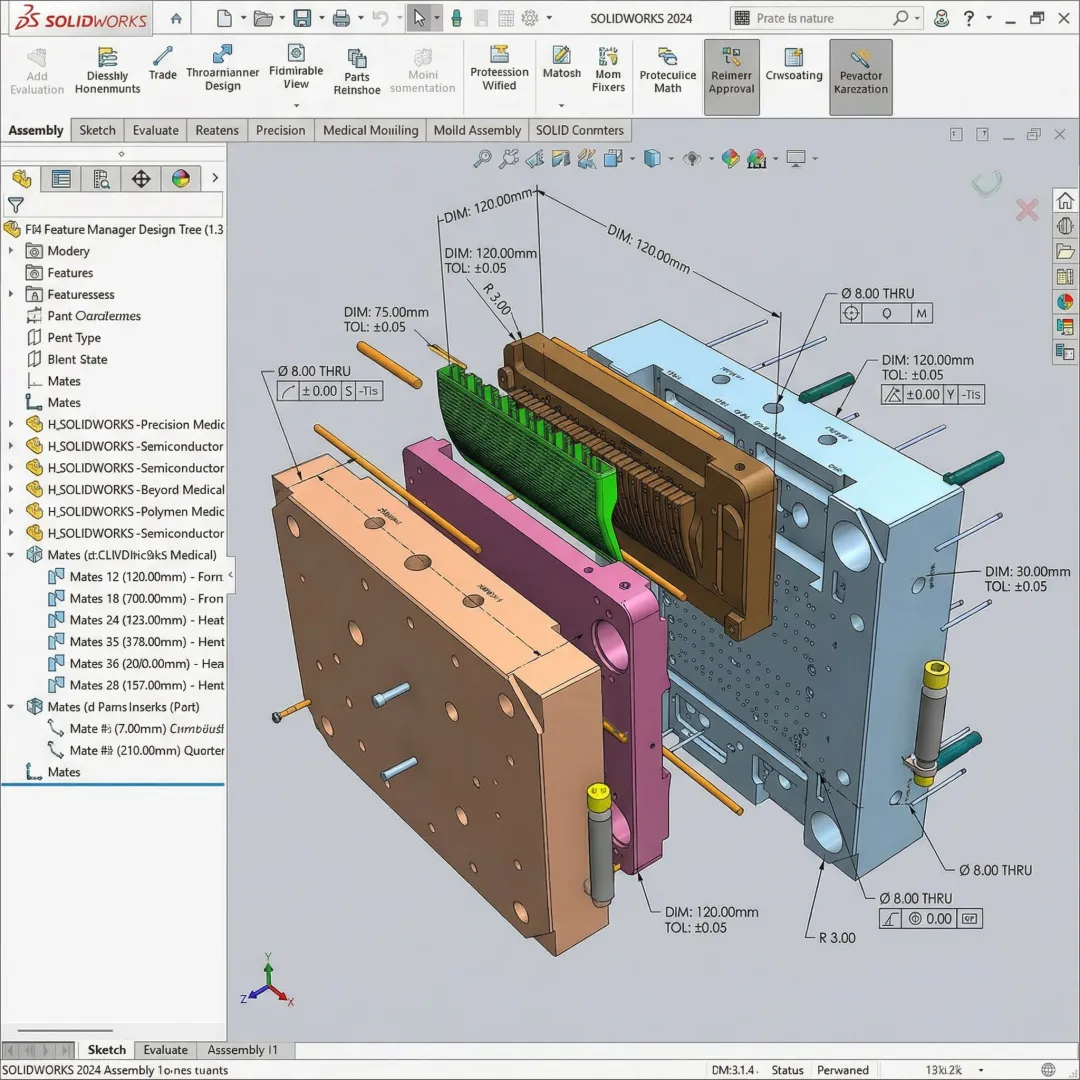 Engineer reviewing CAD design for clean room injection molded component on computer screen