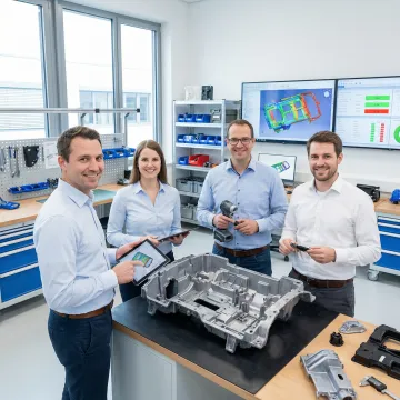 Engineering team reviewing large plastic component designs with CAD software and physical prototypes