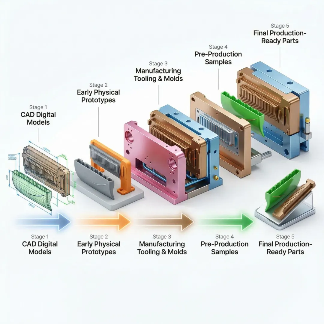 Product development workflow showing stages from concept sketches to finished injection molded parts