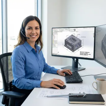 Engineer reviewing injection mold design specifications on computer with CAD software
