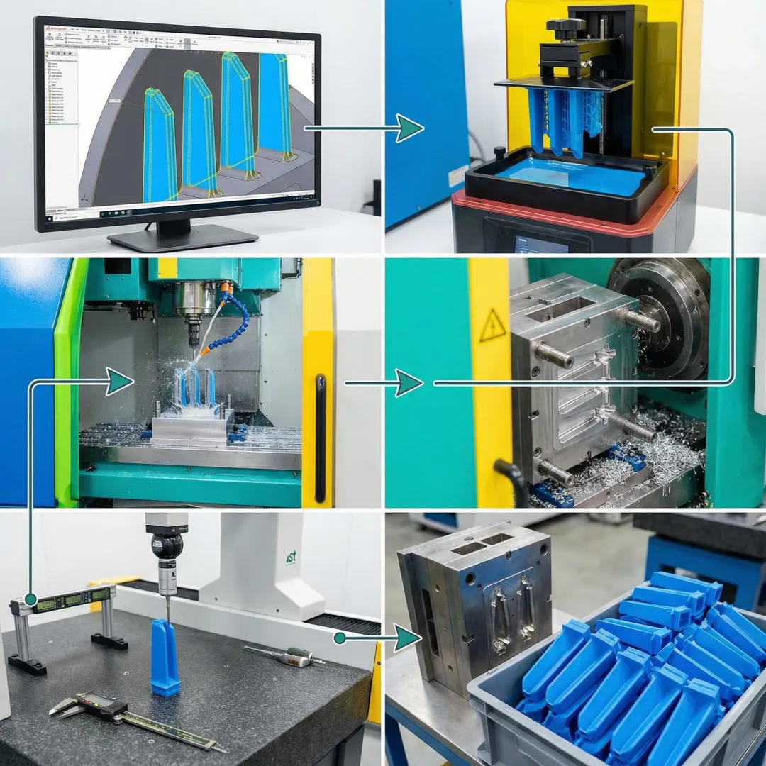Product development stages from CAD design to finished injection molded parts