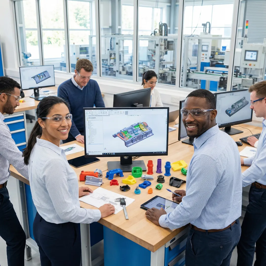 Engineering team reviewing injection molded part designs and prototypes