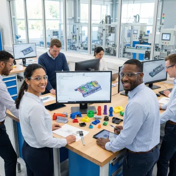 Engineering team reviewing injection molded part designs and prototypes
