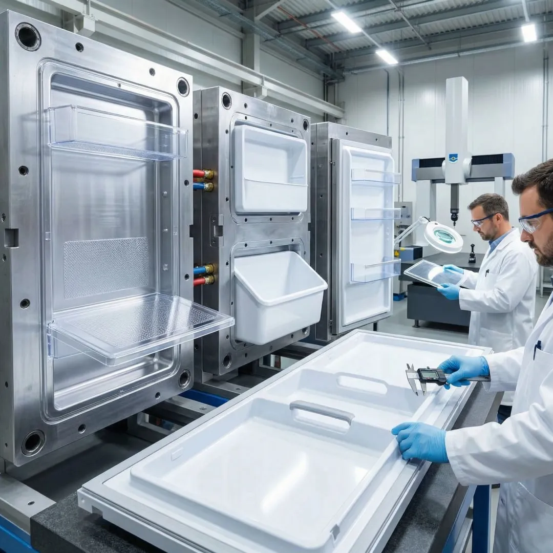 Custom refrigerator component injection molds with finished parts display