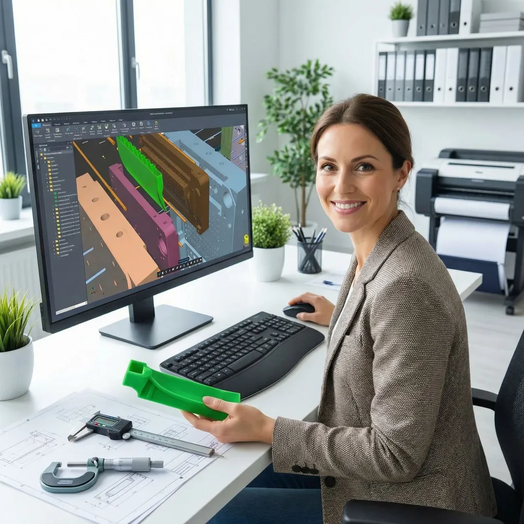 Engineer reviewing plastic prototype design on computer screen