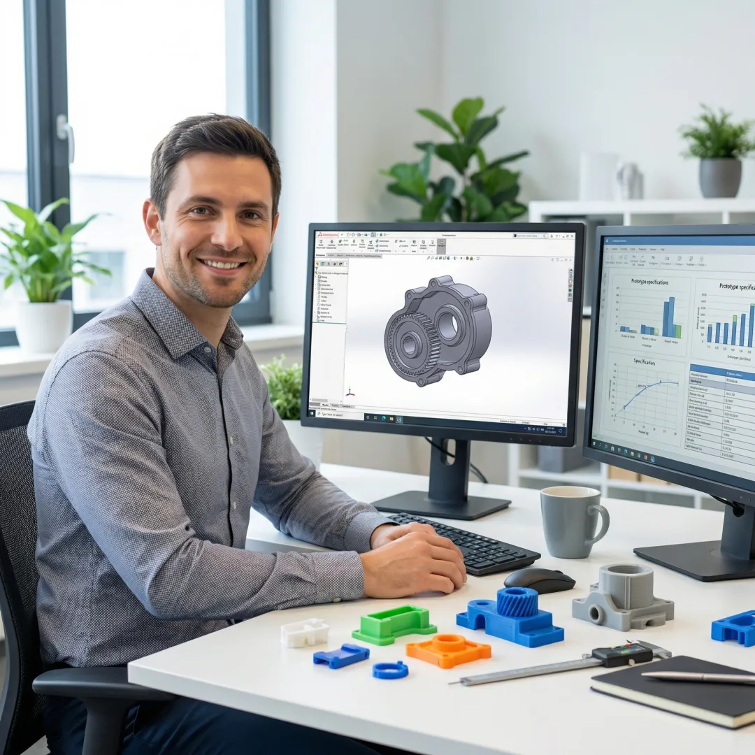 Engineer reviewing plastic prototype design on computer workstation