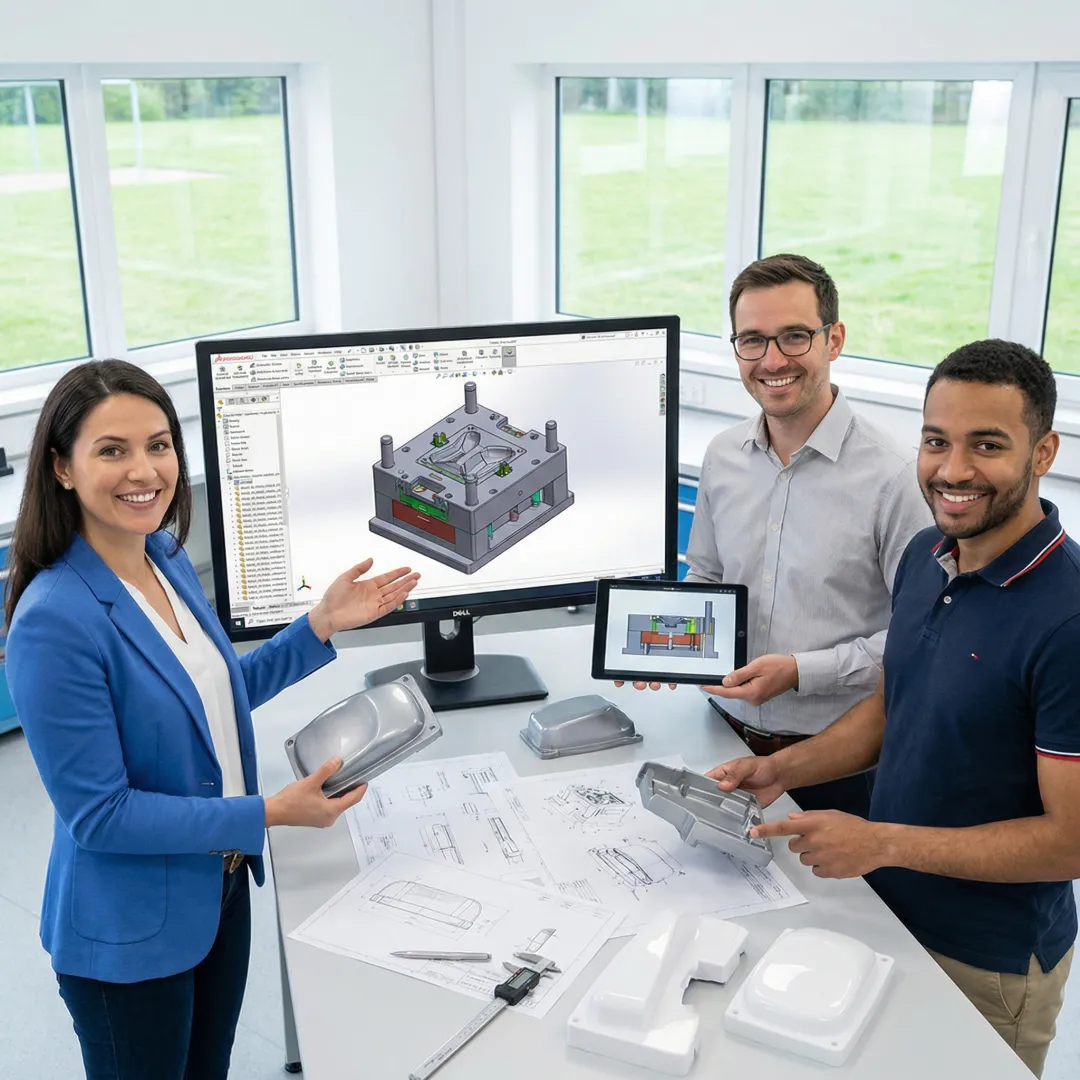 Engineering team reviewing CAD designs and injection molded prototype parts on computer workstation