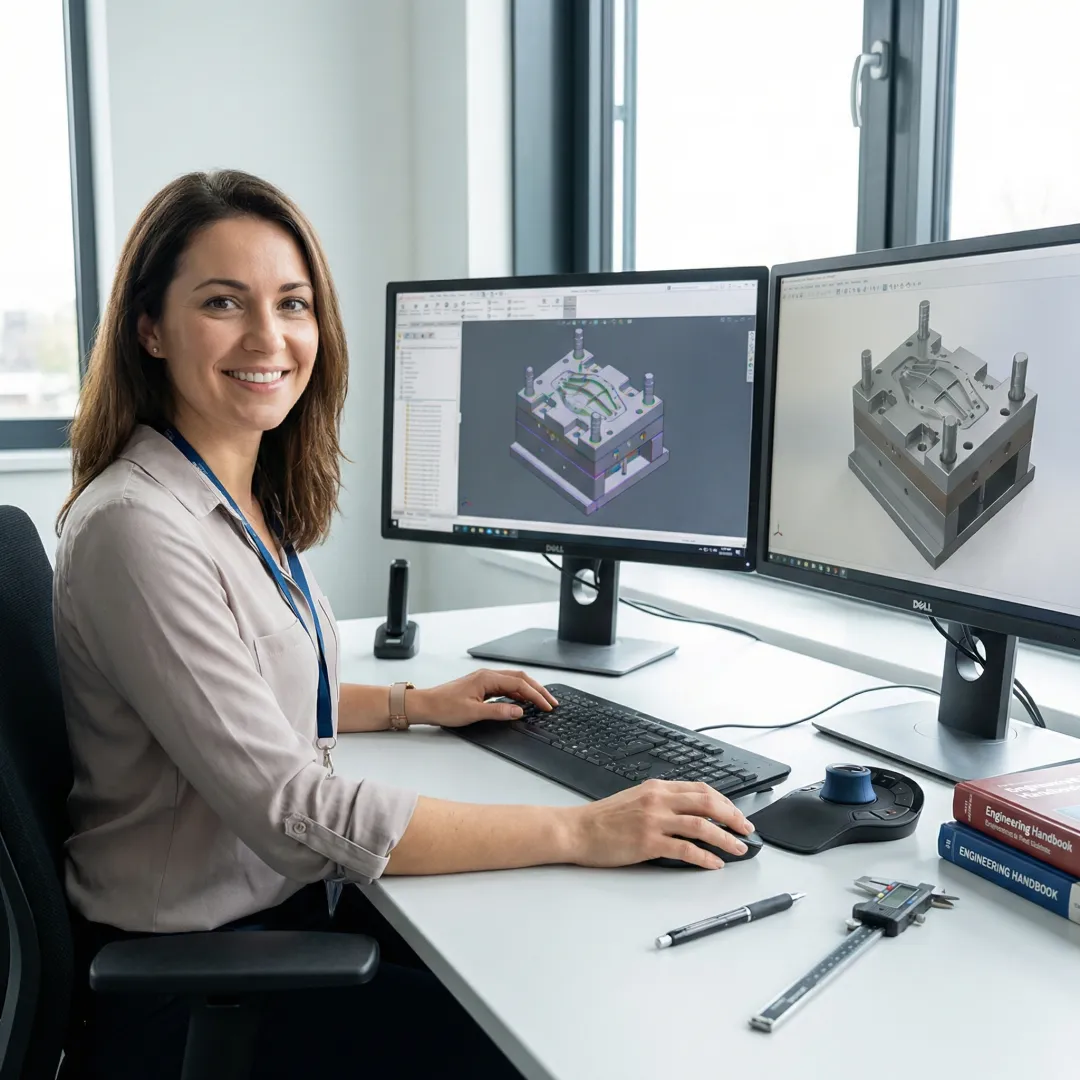 Engineer reviewing injection molding bridge tool design on computer screen