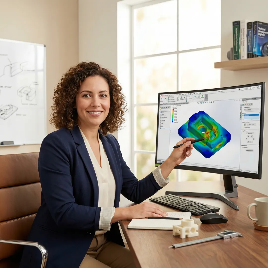 Engineer reviewing silicone prototype design on computer with CAD software