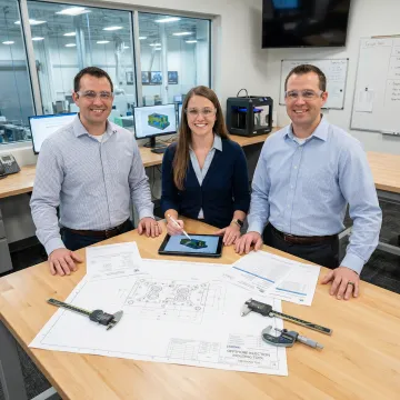 Engineering team reviewing injection mold tool specifications and quality inspection data
