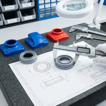 Close-up of precision injection molded custom plastic parts with technical drawings